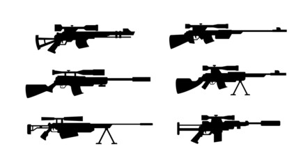 Black silhouette icons of sniper weapon set, flat vector illustration isolated.