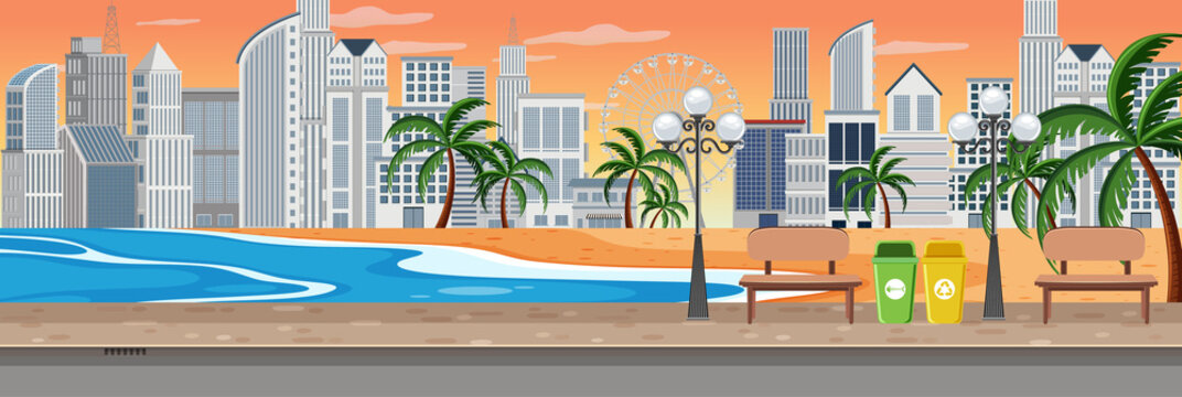 Beach at sunset scene with cityscape horizontal background