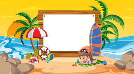 Empty banner template with kids on vacation at the beach sunset scene