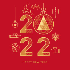 2022 Happy New Year greeting card, abstract golden flat line icons isolated on red background. Vector present box surprise, Christmas garland ribbon and holiday gift, mountains and snowflake, reindeer