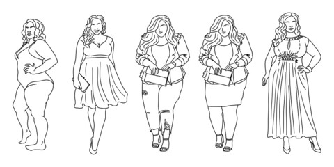 Fat woman set. Outline sketch. Body positive girls in different dresses. Overweight, plus size women concept. Vector illustration. - obrazy, fototapety, plakaty