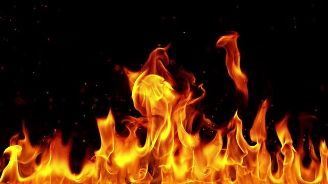 Super slow motion of flames in line isolated on black background. Filmed on high speed cinema camera, 1000 fps.
