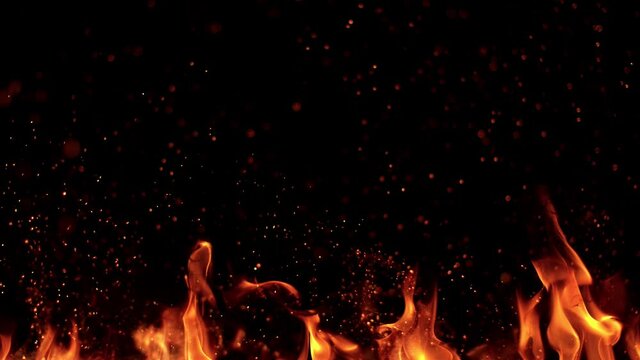 Super slow motion of flames in line isolated on black background. Filmed on high speed cinema camera, 1000 fps.