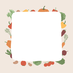 Vegetables and blank white shape. Illustration with copy space and farm food. Template for organic projects, market signboard, banner, shopping list concept. Pepper, cabbage, gourd, carrot, salad leaf