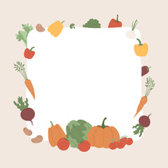 Frame with vegetables and blank shape. Illustration with copy space and farm food. Template for organic projects, market signboard, banner, shopping list concept. Bell pepper, cabbage, gourd, carrot.