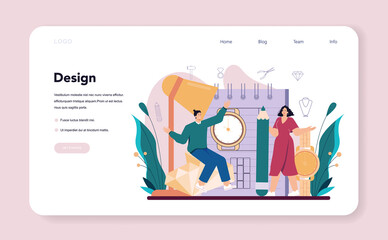 Jeweler web banner or landing page. Goldsmith examining
