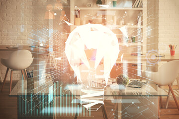 Double exposure of bulb and office interior background. Concept of idea.
