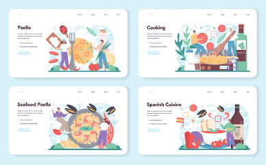 Paella web banner or landing page set. Spanish traditional dish with seafood