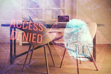 Double exposure of finger print and office interior background. Concept of security.