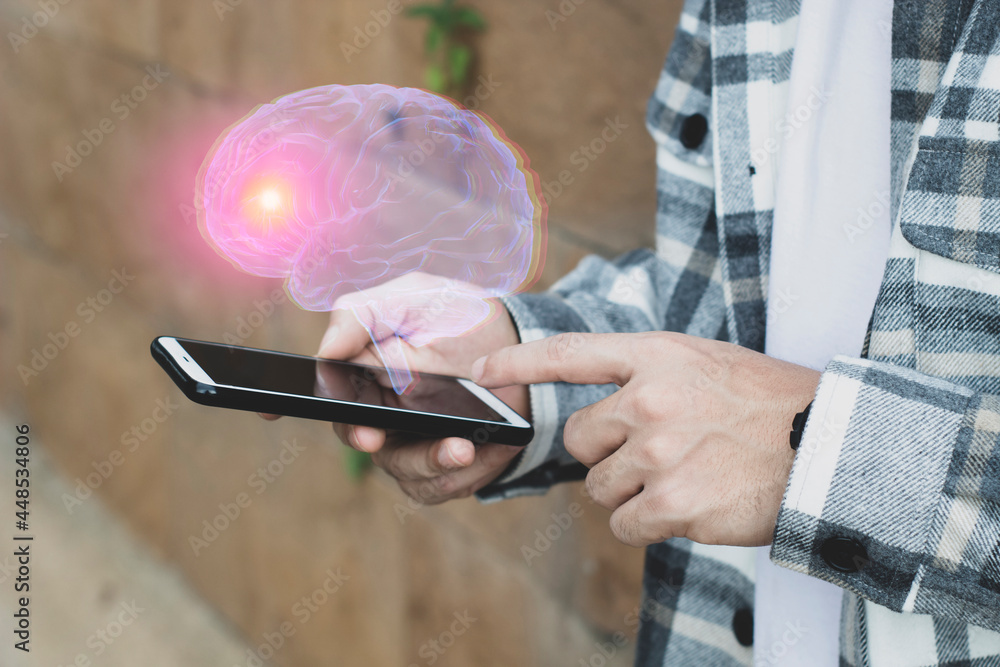 Poster people connecting to ai network brain of technology devices, artificial intelligence robotic