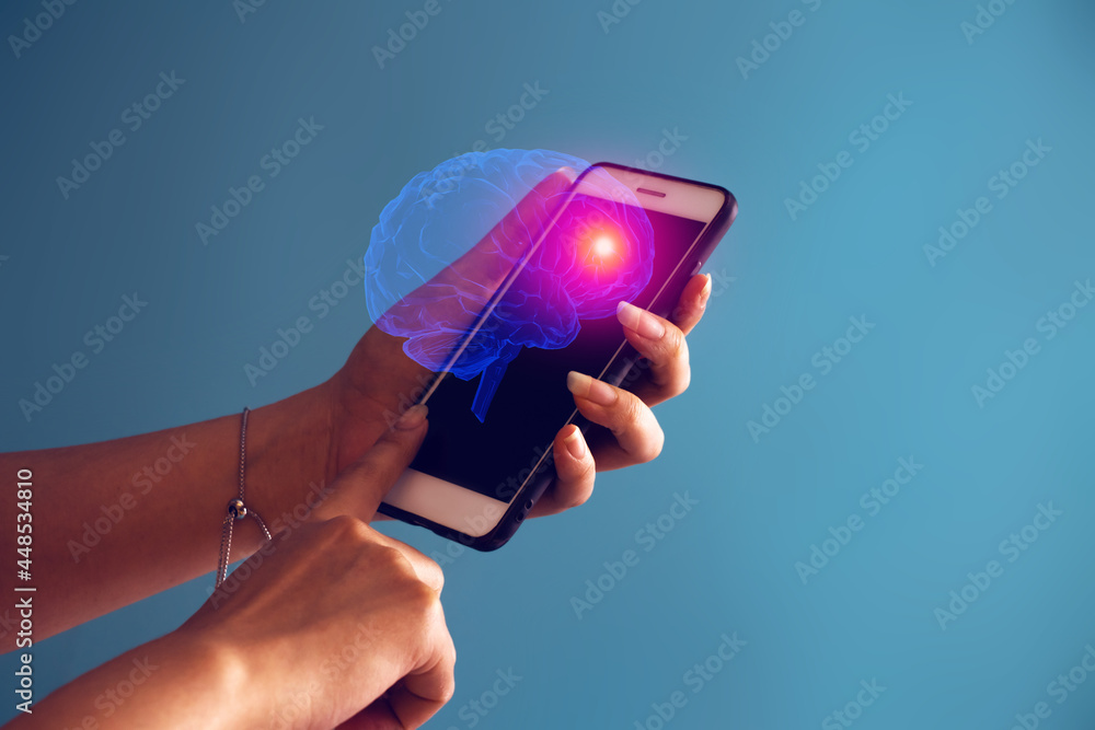 Poster people connecting to ai network brain of technology devices, artificial intelligence robotic