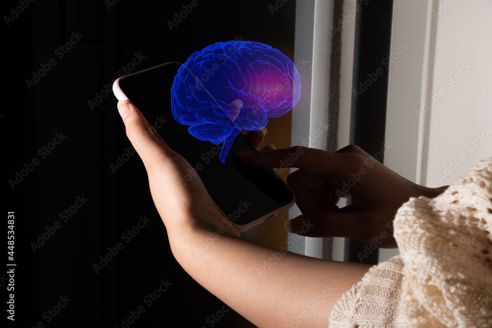 Poster people connecting to ai network brain of technology devices, artificial intelligence robotic