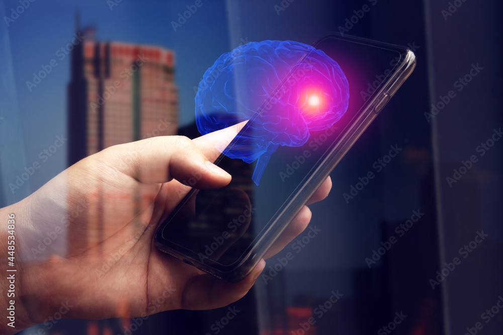 Poster people connecting to ai network brain of technology devices, artificial intelligence robotic