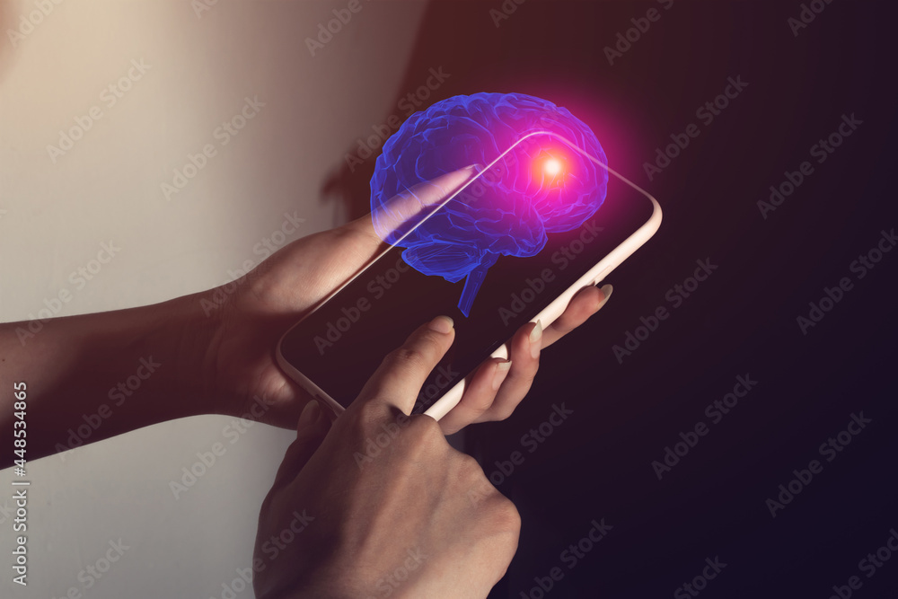 Poster people connecting to ai network brain of technology devices, artificial intelligence robotic