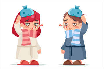 Girl and boy sick ill cold virus flu disease illness infection cartoon design character vector illustration
