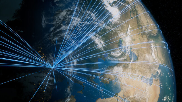 Earth in Space. Blue Lines connect Paris, France with Cities across the World. Global Travel or Communication Concept.
