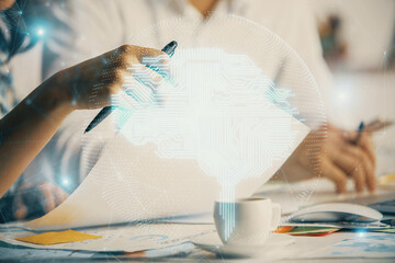 Fototapeta premium Double exposure of brain drawing over people taking notes background. Concept of Ai