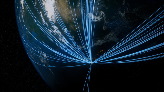 Earth in Space. Blue Lines connect Tokyo, Japan with Cities across the World. Worldwide Travel or Networking Concept.