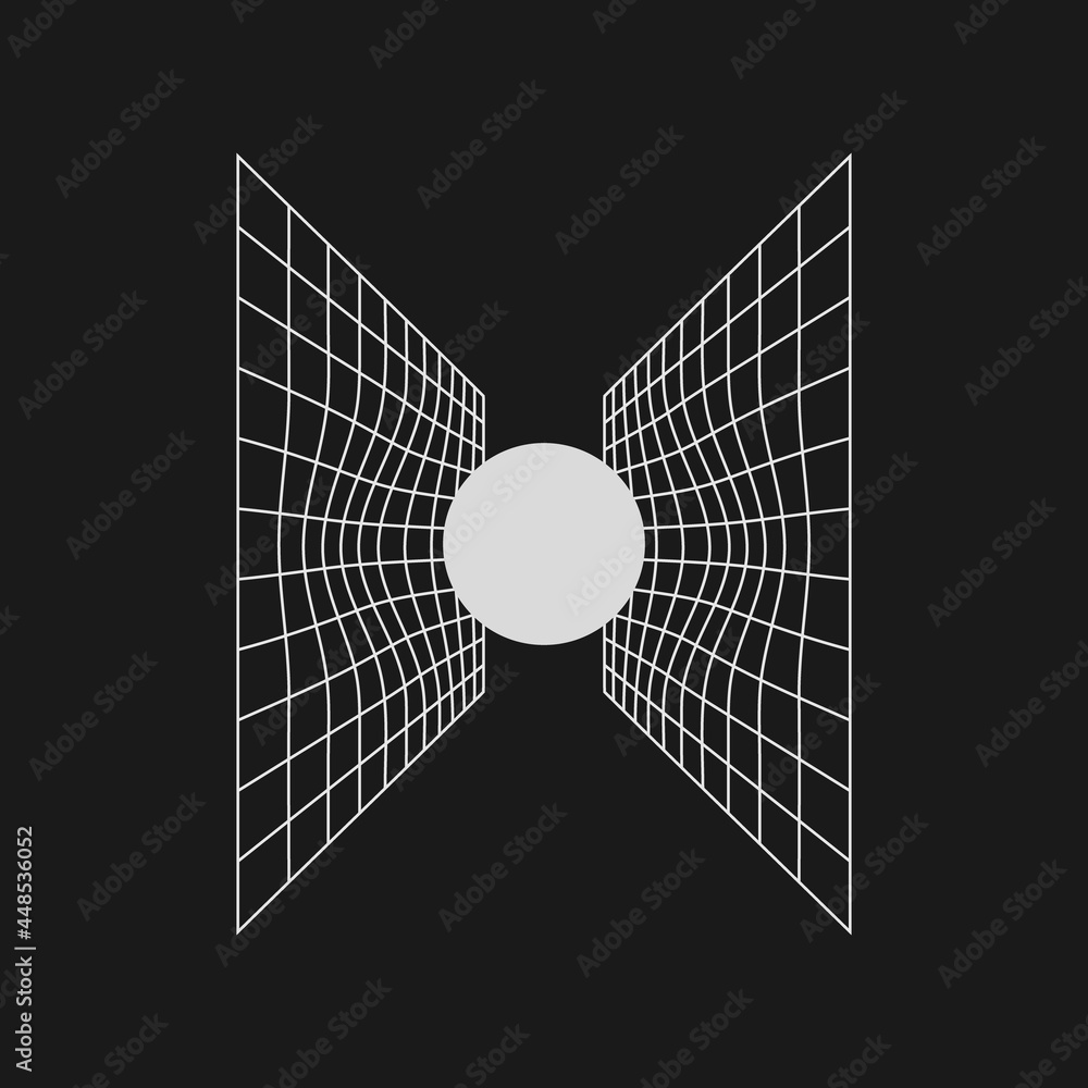 Poster the sphere distorts space. retrofuturistic design element. gravity concept. distorted perspective gr