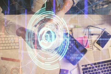 Double exposure of man and woman working together and data theme hologram drawing. Computer background. Top View.