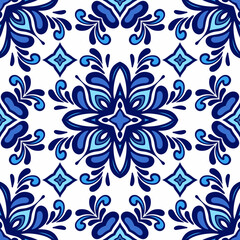 Seamless Blue Ethnic Abstract Vector Pattern. Geometric blue and white wall tile design portuguese style