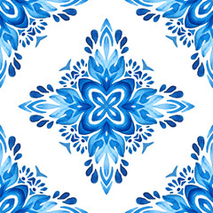 Arabesque hand drawn tile seamless ornamental watercolor paint pattern.