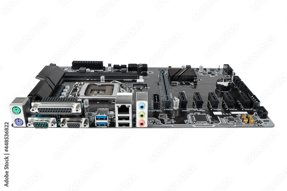 Poster modern computer motherboard isolated on white background. electronic computer hardware technology. c