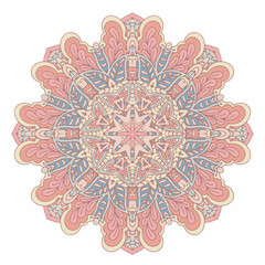 mandala on white isolated background. Vector boho mandala in green and pink colors. Mandala with floral patterns. Yoga template