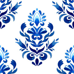 Watercolor blue damask hand drawn floral design. Seamless pattern, tiling ornament. Persian abstract filigree background. Elegant decorative portuguese azulejo tile.