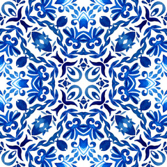 Arabesque hand drawn tile seamless ornamental watercolor paint pattern.