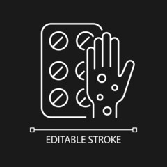 Pills for allergy white linear icon for dark theme. Antihistamine. Relief from nasal stuffiness. Thin line customizable illustration. Isolated vector contour symbol for night mode. Editable stroke