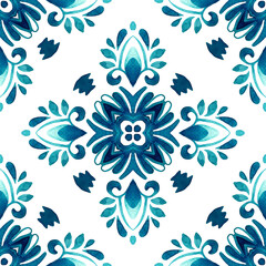 Fototapeta premium Arabesque hand drawn tile seamless ornamental watercolor paint pattern.