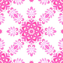 Gorgeous damask background.Abstract pink and white hand drawn tile seamless ornamental watercolor paint pattern.