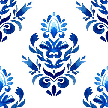 Watercolor blue damask hand drawn floral design. Seamless pattern, tiling ornament. Persian abstract filigree background. Elegant decorative portuguese azulejo tile.