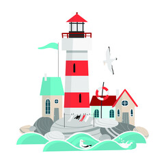 sea city with lighthouse and seagulls on the white background