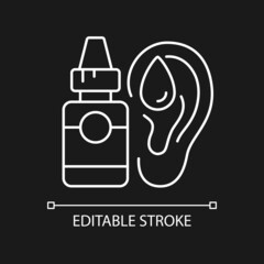Ear drops white linear icon for dark theme. Earwax removing. Ear inflammations prevention. Thin line customizable illustration. Isolated vector contour symbol for night mode. Editable stroke