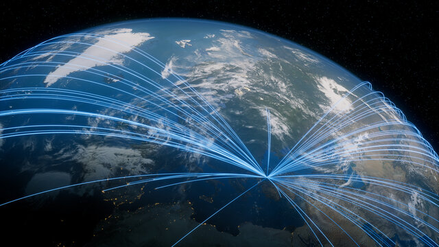 Earth in Space. Blue Lines connect Istanbul, Turkey with Cities across the World. Worldwide Travel or Communication Concept.