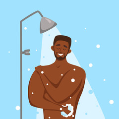 Young African American men taking shower cartoon vector illustration.