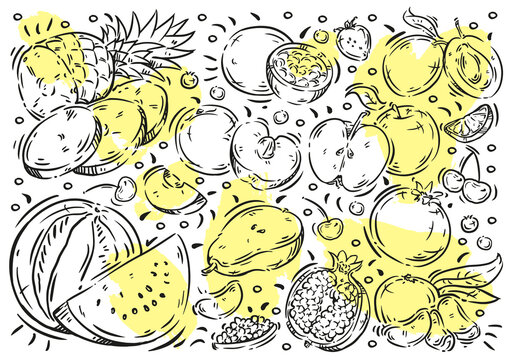 Hand drawn vector illustration food. Doodle line exotic fruits and berries: watermelon, pineapple, passion fruit, plum, strawberry, peach, apple, pear, cherry, blueberry, pomegranate, tangerine