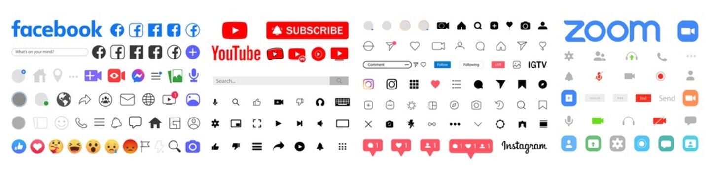 Instagram, Facebook, Zoom Icons, Symbols. Template Frame For Social Media. Screen Interface. Youtube, Youtube Kids, YouTube Music, YouTube TV, YouTube VR. Kyiv, Ukraine - August 2, 2021