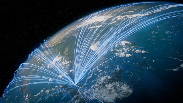 Earth in Space. Blue Lines connect Kuala Lumpur, Malaysia with Cities across the World. Worldwide Travel or Communication Concept.