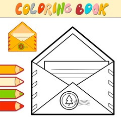 Coloring book or Coloring page for kids. Christmas Envelope black and white vector