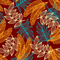 Modern seamless tropical pattern with bright plants and leaves on a red background.  Vector design. Jungle print. Floral background.  Beautiful print with hand drawn exotic plants.