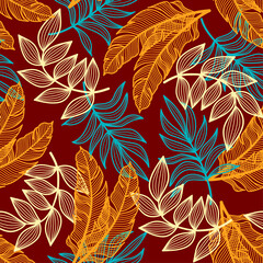 Modern seamless tropical pattern with bright plants and leaves on a red background.  Vector design. Jungle print. Floral background.  Beautiful print with hand drawn exotic plants.