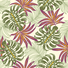 A modern seamless tropical pattern with bright plants and leaves on a beige background. Vector design. Jungle print. Floral background.  Exotic tropics. Summer.