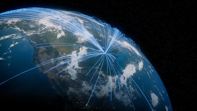 Earth in Space. Blue Lines connect Toronto, Canada with Cities across the World. International Travel or Business Concept.