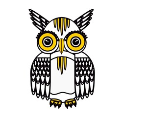 Owl of white color with elements of yellow color and black outlines of all contours on a white background for design and printing on fabric, paper