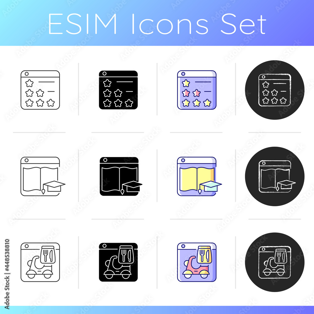 Poster digitization in business icons set. consumer review networks. online course platform. food delivery 