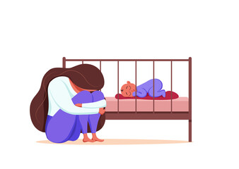 Postpartum depression illustration of sad tired woman near newborn baby sleeping in flat style. - obrazy, fototapety, plakaty