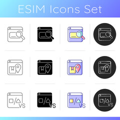 Engaging audience with content icons set. Search engines. Order tracking. Comparison platforms. Using keywords, phrases. E-commerce. Linear, black and RGB color styles. Isolated vector illustrations